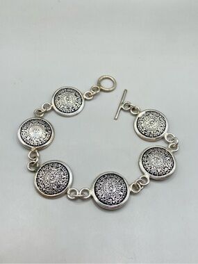 Silver Tone Aztec Calendar Medallion Link Bracelet